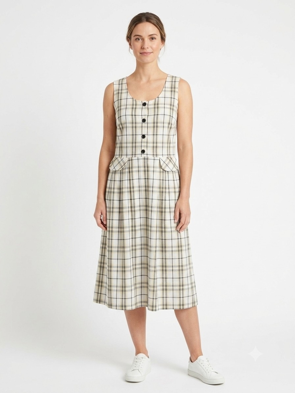 Vintage Kathie Lee Collection Cream/Yellow Plaid Sleeveless Midi Dress Size 22